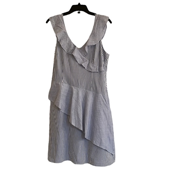 COLLECTIVE CONCEPTS Sleeveless Blue and White Striped Dress with Ruffles - Picture 2 of 15